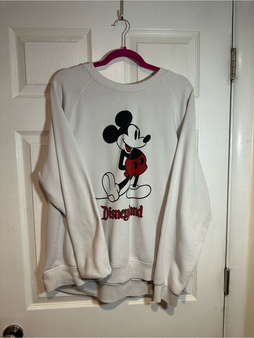 Disney White Mickey Mouse Disneyland Crewneck Sweatshirt with Red Accents